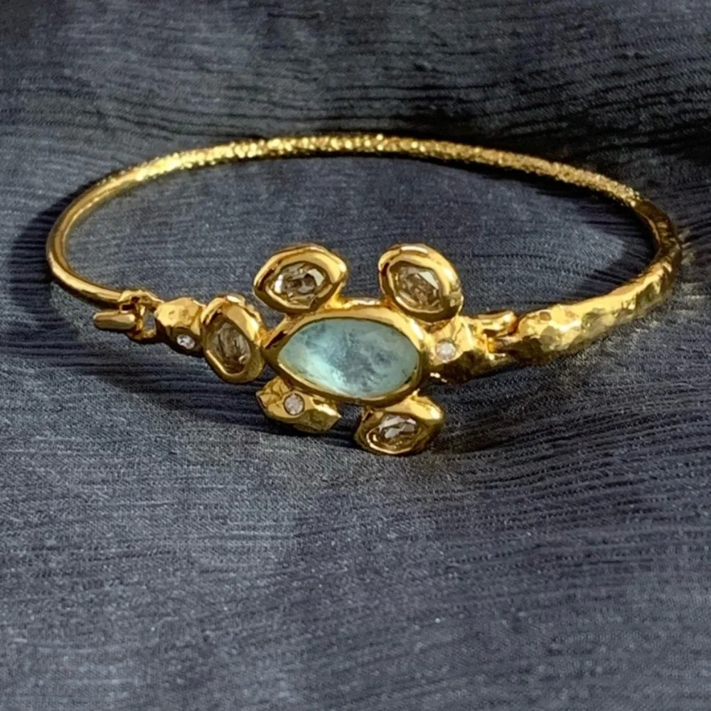 ALEXIS BITTAR NEW Gold Aqua Stone Crystals Byzantine Flower Hook Bangle Bracelet